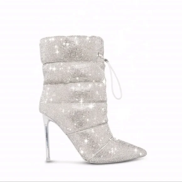 New in box, Steve Madden Rhinestones Silver Puffer Stiletto Dress Booties - Picture 1 of 9